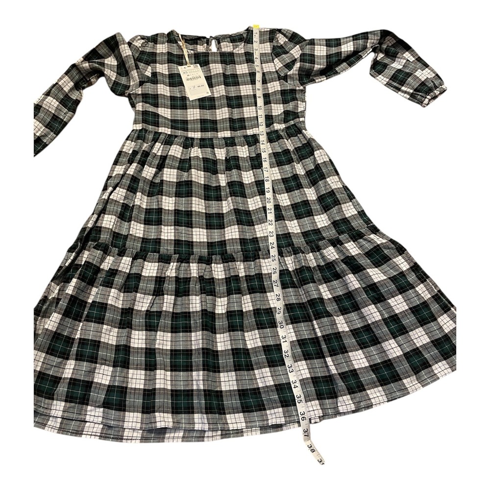 Zara Woman Green Plaid Tiered Babydoll Dress Long Sleeve Casual Mini XS - Picture 6 of 8